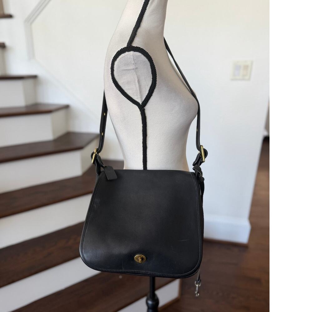 Vintage Coach Pre-1994 90s Black Leather Stewardess Crossbody Brass Hardware Bag